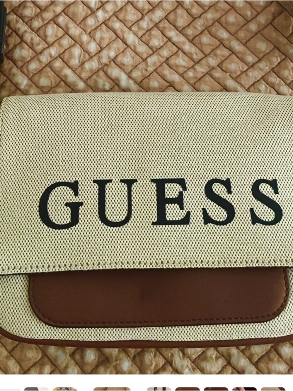 GUESS Canvas Mini Tote Bag Brown Strap with mini zip pouch Crossbody NEW